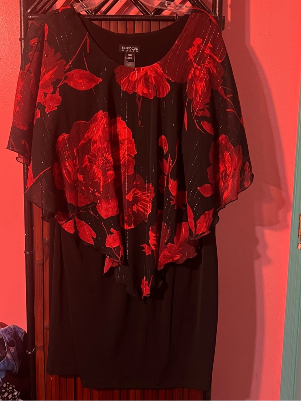 Enfocus Studio Red and Black Shawl Overlay Dress - Picture 2 of 3